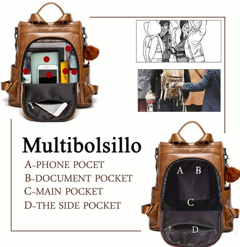 Imagen 3 de 9 de Mochila Para Mujer Casual Impermeable 3 En 1 Bolsa Para Dama