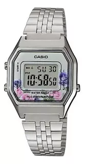 Reloj Casio De Dama Modelo La 680 Plateado Con Flores Color del bisel Morado Color del fondo Gris