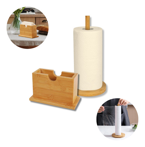 Kit Porta Guardanapo E Papel Toalha Bambu Rústico Suporte
