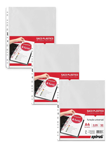 Kit 3 Saco Plástico Pp A4 Furação Universal 0,05mm 150u