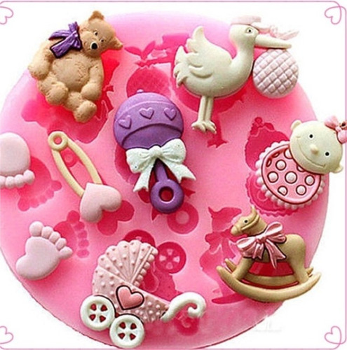 Molde Silicon Fondant Bebé Baby Shower Cigueña Sonaja