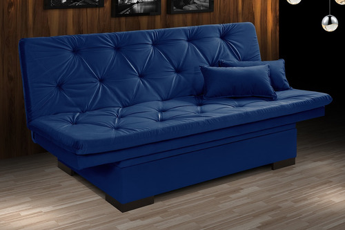 Sofá Cama Bau Reclinável Em Suede + Duas Banquetas Rub Cor Azul-marinho Desenho Do Tecido Liso