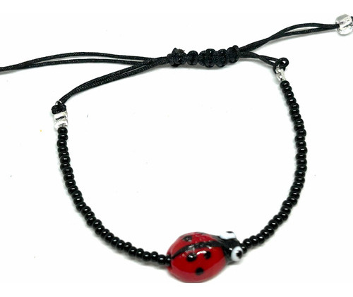 Pulsera Escarabajo Mostacilla Macrame E Hilo Chino Negro 