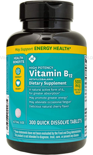 Vitamina B12  Sublingual  5000mcg Metilcobalamina 300 Tabs Sabor Sin Sabor