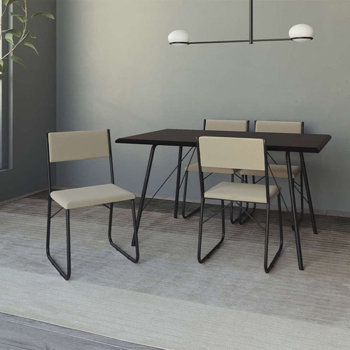 Conjunto De Mesa De Jantar Com 4 Cadeiras Angra Suede Beg... Cor Preto