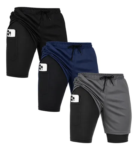 Kit 3 Short Duplo Com Bolso 2 Em 1 Bermuda Academia Corrida