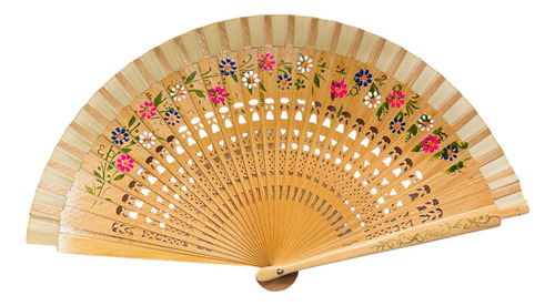 Abanico Madera Laqueada Reforzado Pintado De Ambos Lados Beige Margaritas