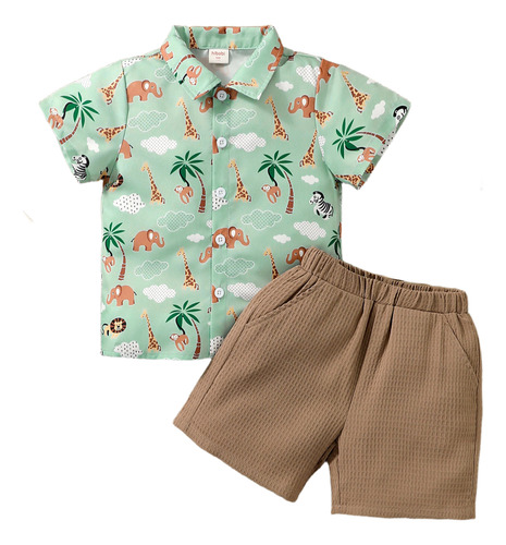Conjunto 2 Pcs Con Camisa Estampado Animal Y Shorts Niños Verde Claro 18-24 M