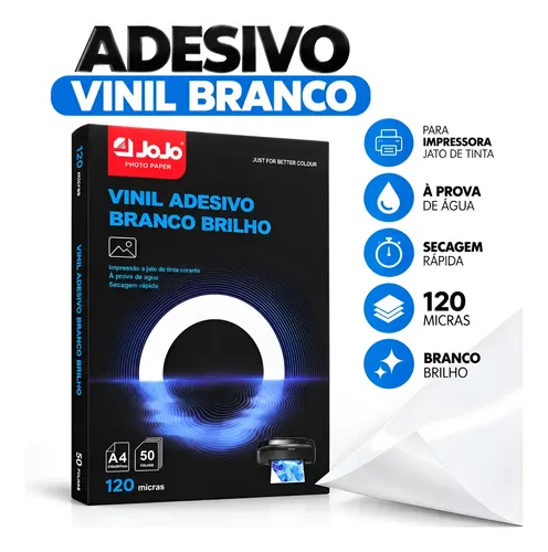 Adesivo Vinil Branco Brilho Jojo A4 120 Micras - 50 Folhas Branco