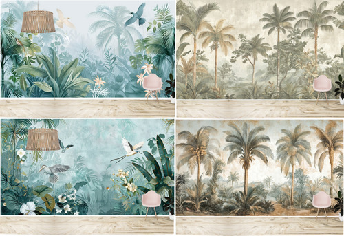 Vinilos Murales Empapelados Hojas Palmeras Aves Adb Paisaje Full Color