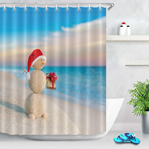 Lb Cortina Ducha Tropical Navidad Muñeco Nieve Arena 3d Baño