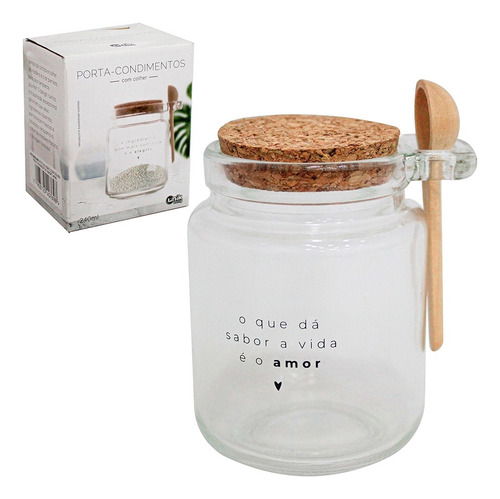 Porta Condimentos De Vidro 240 Ml Com Colher E Tampa Cortiça Vidro E Cortiça
