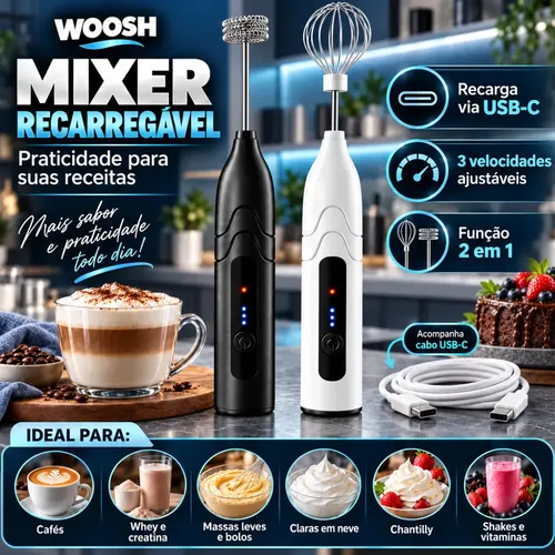 Mixer Elétrico Portátil 2 em 1 Recarregável Potente Misturador de Bebidas e Ovos 3 Velocidades Usb Batedor e Fue Fouet Woosh