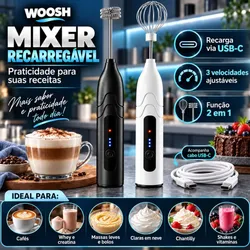 Mixer portátil Woosh preto e branco com batedor e fouet