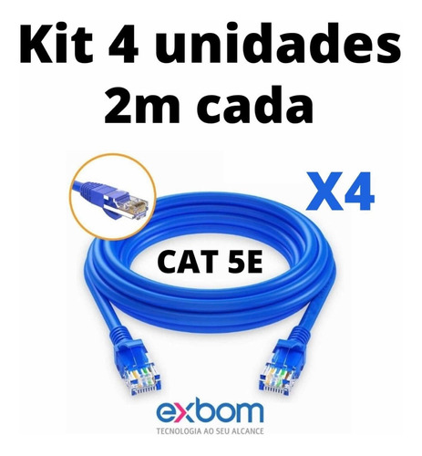 Imagem 1 de 1 de Kit 4 Un Cabo De Rede 1m Cat5e Rj45 Azul