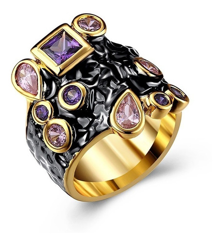 Anillo Joyeria Gotico Piedras Cz Esmaltado Negro Para Mujer 