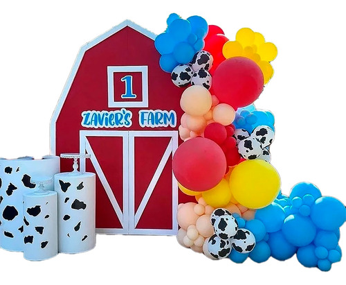 Arco Globos Granja Animales Vaca Rojo Azul Vaquero Fiesta