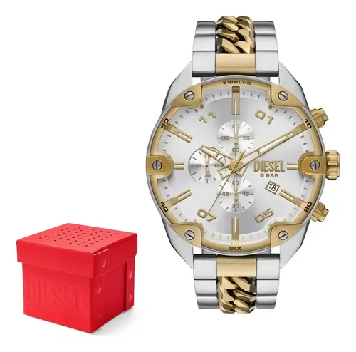 Relógio Diesel Spiked Dz4629 Correia Dourado E Prata Bisel