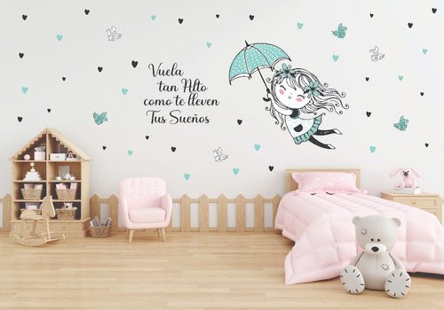 Vinilo Infantil Niña, Paraguas Y Frase Decorativo 1mt X 60cm