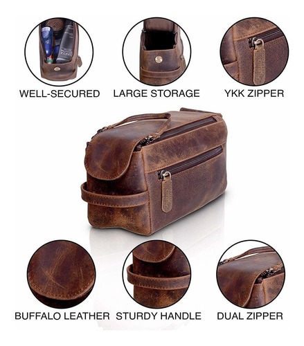 Komalc Genuino Cuero De Búfalo Unisex Neceser Viaje Dopp Kit