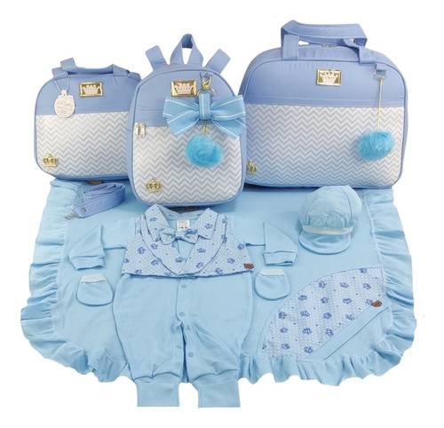 Kit Saida +  Bolsa Maternidade 3 Pçs Luxo Azul Menino