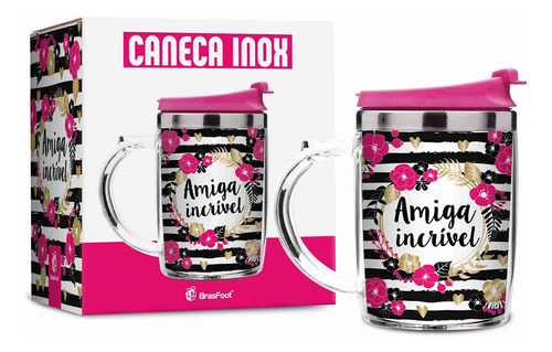 Caneca Termica Plástica Inox Com Tampa 450ml Amiga Incrível Cor Rosa