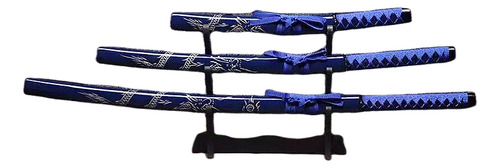 Set 3 Katanas Wakizashi Tanto Samurai Acero Espada Con Base Color Azul