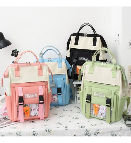 Set 5 Mochila Bolsas Escolar Estudiante Gran Capacidad Lona Rosa