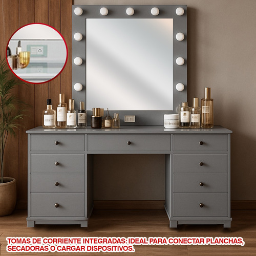 Tocador Estilo Hollywood Con Focos Espejo Camerino Blanco
