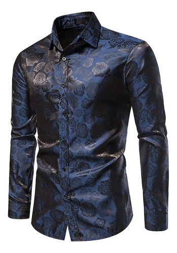 Camisa Estampada De Rosa Para Hombre Ajuste Delgado