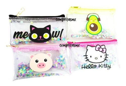 Monedero Plastificado Pvc  Lentejuela Gato Pig Aguacate 