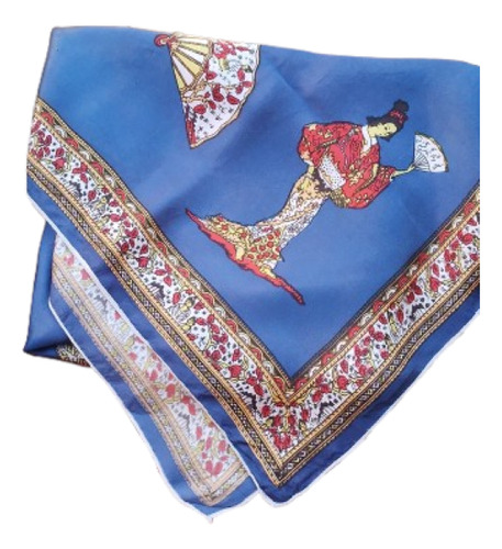 Pañuelo De Cuello De Seda Azul Motivos Japoneses Mediano (Usado)