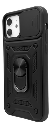 Funda Negra Para iPhone 12 (6.1) / 12 Pro (6.1) De Uso Rudo Con Protección Deslizable En Área De Cámara Y Anillo Metálico