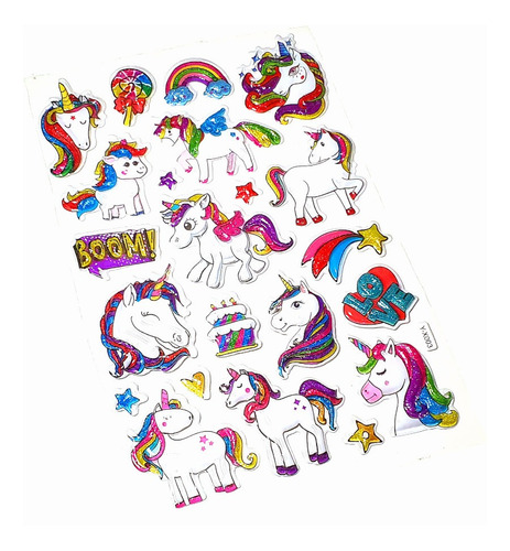 Cartela Stickers Adesivos Alto Relevo Com Glitter Unicórnio Cor coloridos