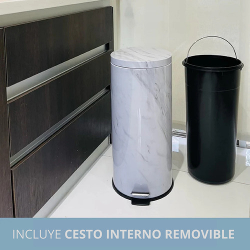 Papelera Tacho De Basura Pedal Baño Simil Marmol 30 Lts Blanco