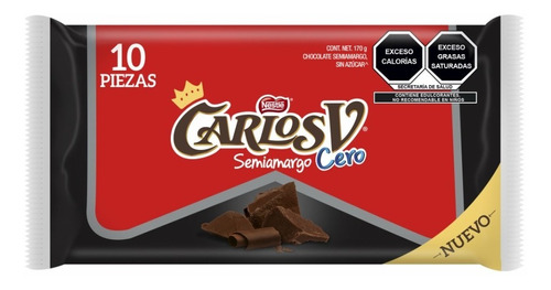 Nestlé Carlos V Cero Chocolate Semiamargo Sin Azúcar 10 Pz