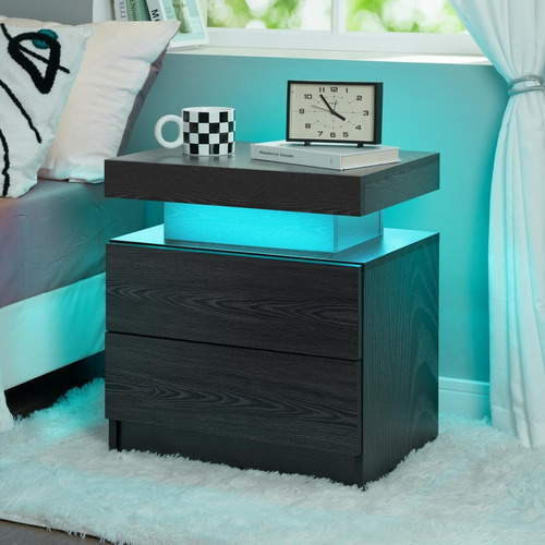 Juego De 2 Mesitas De Noche Led Con 2 Cajones Mate Negro Black Woodgrain