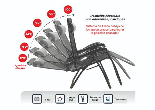 Reposera Gravedad Cero Combo X 2 + Mesa Plegable Zr Fitness Gris