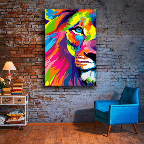 Cuadro Decorativo Canvas Animales Leon De Colores Vertical