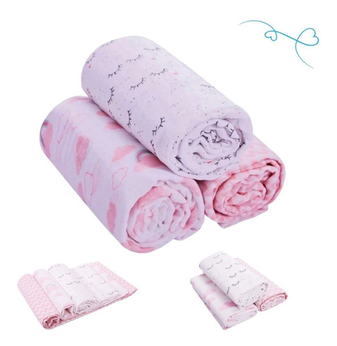 Cueiro Fralda De Pano Swaddle Flanelado Papi 3 Pças Menina 