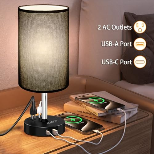 Lámpara De Mesa Negra Con Puertos De Carga Usb A C Y Salida