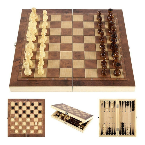 Juego De Tablero De Ajedrez De Madera 3 En 1, 34 X 34 Cm