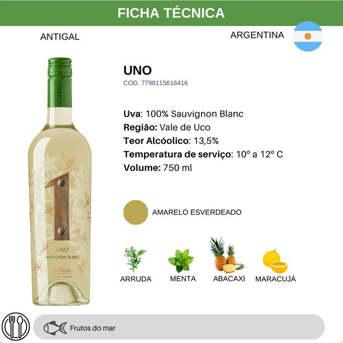 Vinho Branco Argentino Antigal Uno Sauvignon Blanc 750ml