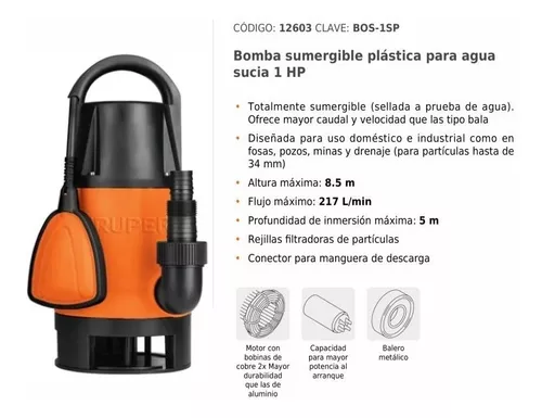 BOMBA SUMERGIBLE AGUA SUCIA 1 HP TRUPER 12603 Truper BOS-1SP