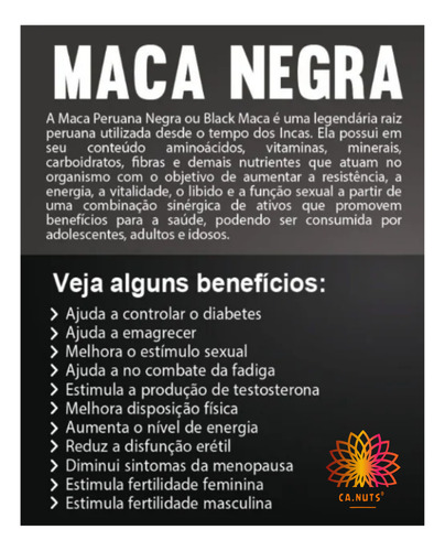 Maca Negra Peruana Em Pó Ca.nuts 1 Kg Premium Pura Testo Alta Qualidade Importada Suplemento Em Pó
