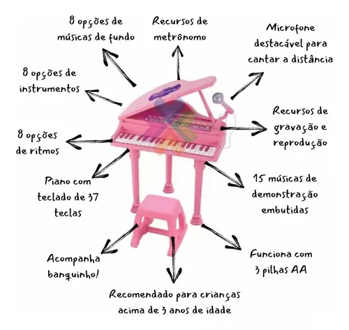 Piano Infantil Musical Microfone E Banquinho Função Gravação Cor Rosa Pilha