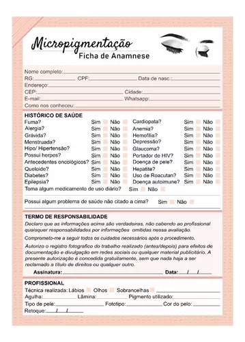 Ficha Anamnese Para Micropigmentação - 10 Unid