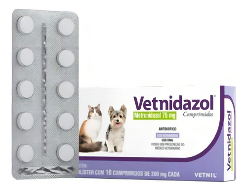 Antimicrobiano Vetnidazol 75mg Para Cães E Gatos Com 10 Comp