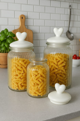 Set Frascos De Vidrio Con Tapa De Corazón Almacenar Cocina Blanco