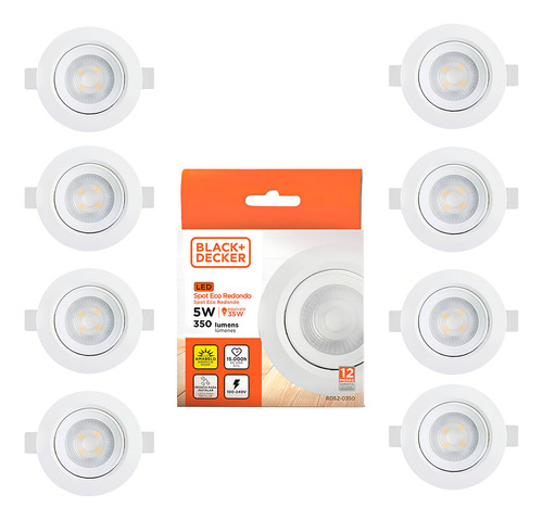 Kit 10 Luminárias Led Redondas Black & Decker Eco 5w 3000k